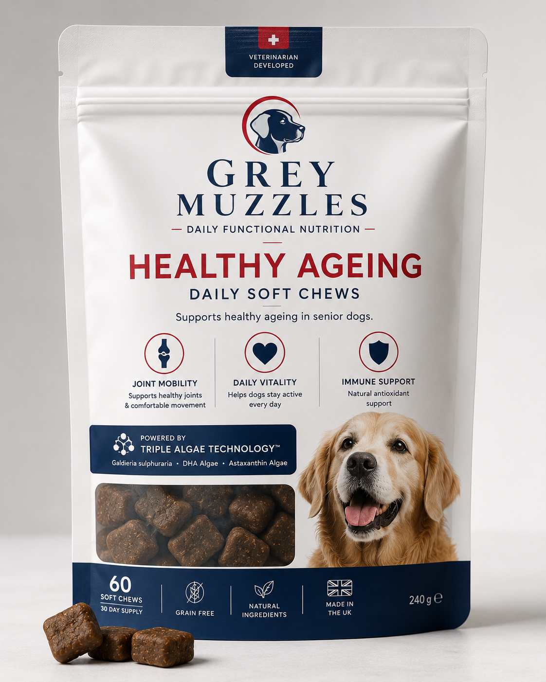 Grey Muzzles Healthy Ageing Daily Soft Chews pouch for senior dogs