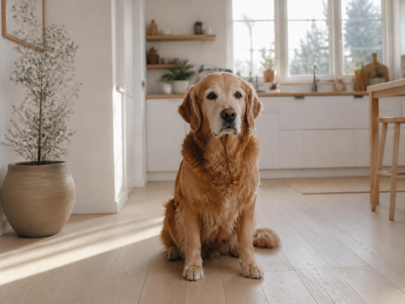 A senior golden retriever sitting in a bright Scandinavian kitchen