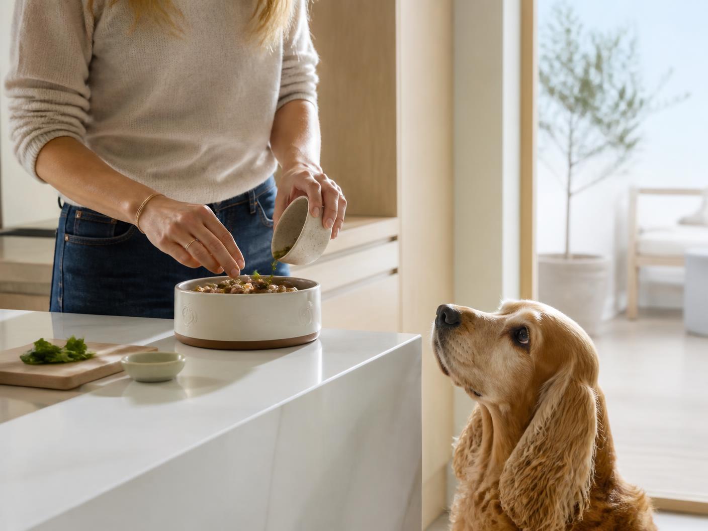 A woman preparing a bowl in a bright kitchen while her senior cocker spaniel waits